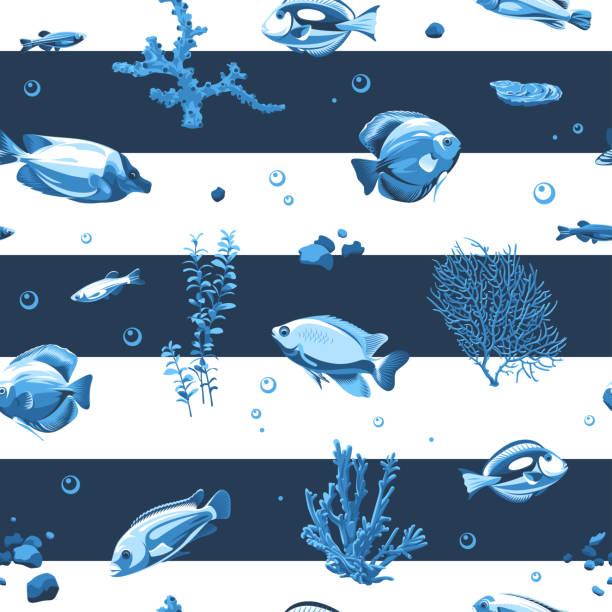 Seamless pattern with fish and seascape isolated on a white and blue striped background. Illustration of underwater life. tinfoil barb barbonymus schwanenfeldii stock illustrations