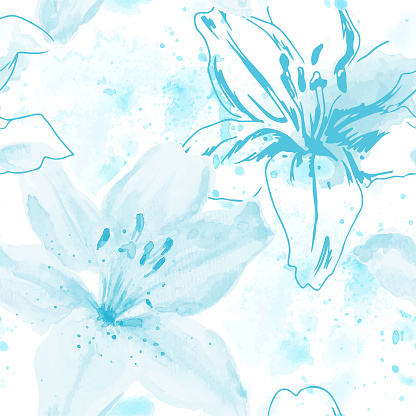 Seamless pattern with hand drawn lilies in turquoise colours. Watercolor and pencil drawing stylised vector illustration.
