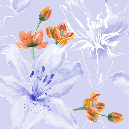Seamless pattern with hand drawn lilies in purple colours. Watercolor and pencil drawing stylised vector illustration.