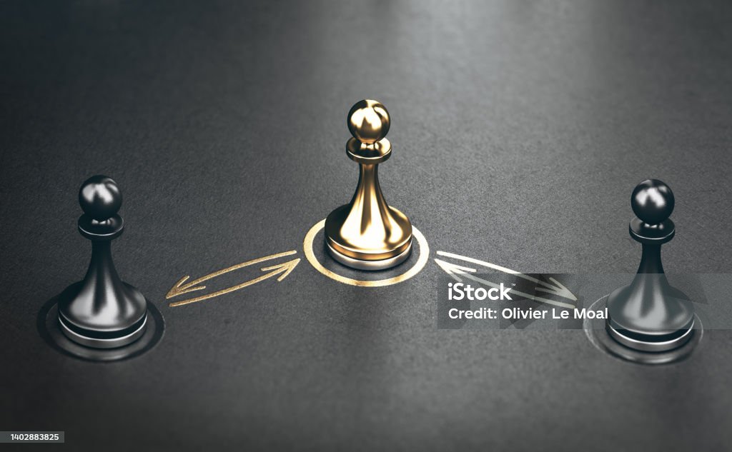 Interpersonal conflict management. Three pawns and golden arrows over black background. Concept of interpersonal conflict management and conciliator. 3D illustration. Mediation Stock Photo