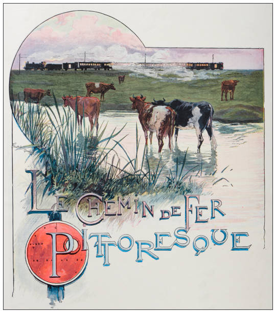 Antique illustration: Train and cows