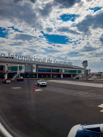 Silao, Mexico, June 3rd, 2022: Airplane taxiing near the terminal at the Guanajuato International Airport.