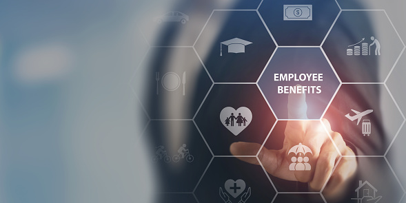 Employee benifits concept. Indirect and non-cash compensation paid to employees offered to attract and retain employees. Fringe benefits for employee engagement. Insurance, paid vacation, office perks