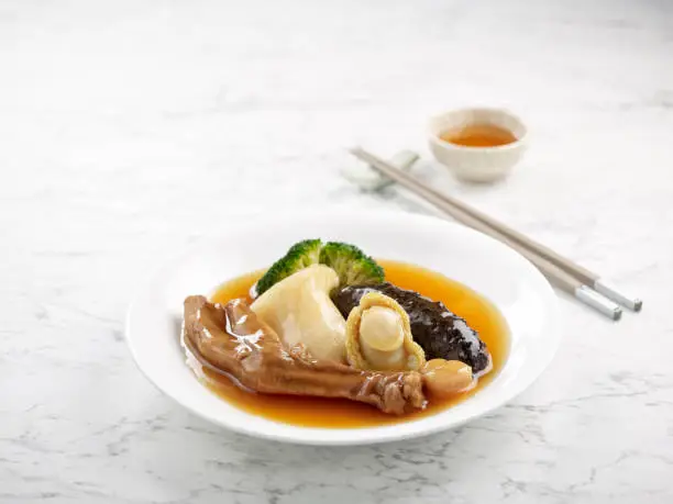 Braised Sliced Abalone with Conpoy, Goose Web, Sea Cucumber and Fish Maw in Brown Sauce served in a dish side view on grey background