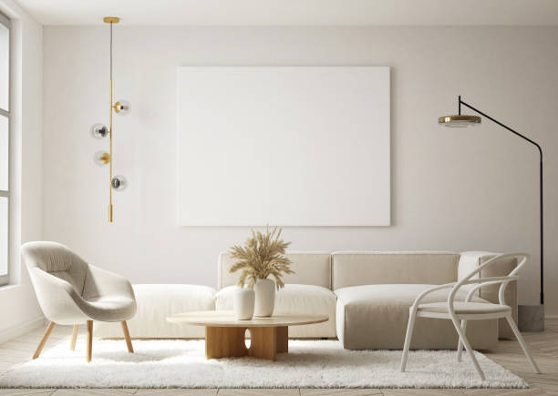 istock mock up poster frame in modern interior background, living room, Scandinavian style, 3D render, 3D illustration 1402892417
