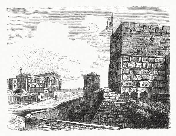 wieża dawida, jerozolima, izrael, drzeworyt, opublikowany w 1891 roku - ancient past anglican building exterior stock illustrations