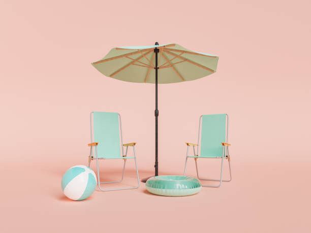 rendu 3d du tube de bain et de la balle avec chaises de plage et parasol dans un studio rose - toy umbrella photos et images de collection