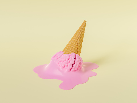 Creative 3D rendering of pink melted brain shaped ice cream in waffle cone against beige background