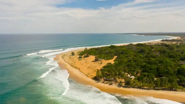 Photo of Aerial drone of Seascape with tropical sandy beach and blue ocean. Sri Lanka.