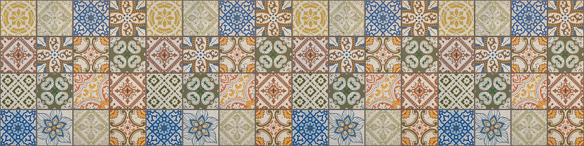 Old colorful seamless flowers leaves vintage geometric shabby mosaic ornate patchwork motif porcelain stoneware tiles, square mosaic stone concrete cement tile mirror wall texture background banner panorama