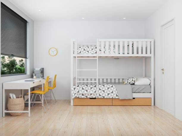 istock Modern Teen Room Interior With Bunkbed, Study Desk And Yellow Chairs 1402894830