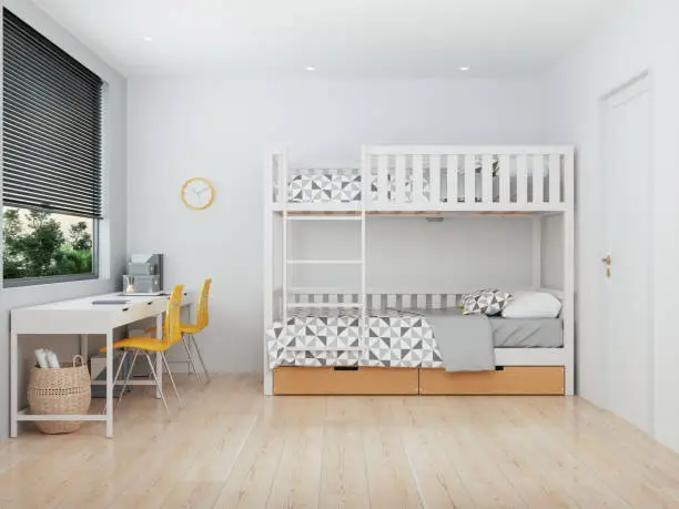 Modern Teen Room Interior With Bunkbed, Study Desk And Yellow Chairs