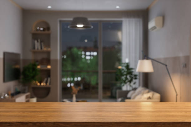 istock Empty Wooden Surface With Blurred Living Room Background 1402897399