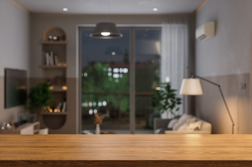 Empty Wooden Surface With Blurred Living Room Background