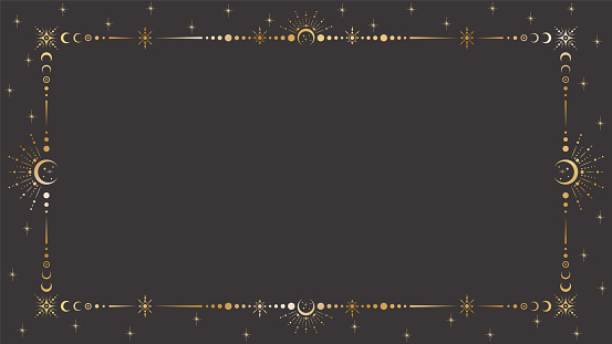 Vector mystic celestial golden frame with stars, moon phases, crescents, beams and a copy space. Ornate magical background with shiny corners. Banner with an elegant border and a place for text