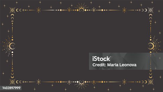 istock Vector mystic celestial golden frame with stars, moon phases, crescents, beams and a copy space. Ornate magical background with shiny corners. Banner with an elegant border and a place for text 1402897999