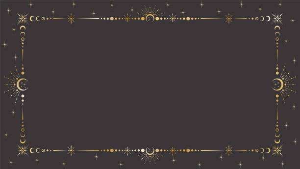 Vector mystic celestial golden frame with stars, moon phases, crescents, beams and a copy space. Ornate magical background with shiny corners. Banner with an elegant border and a place for text Vector mystic celestial golden frame with stars, moon phases, crescents, beams and a copy space. Ornate magical background with shiny corners. Banner with an elegant border and a place for text moon borders stock illustrations