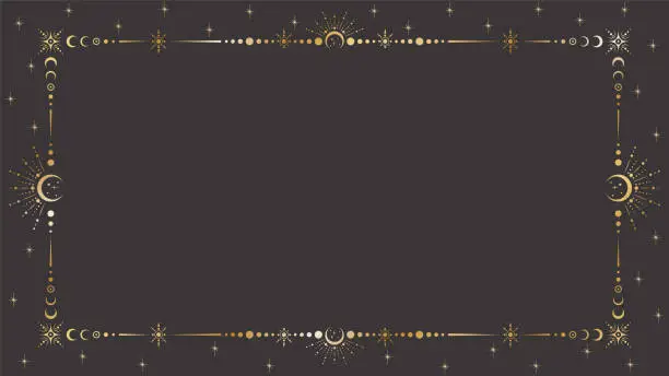 Vector illustration of Vector mystic celestial golden frame with stars, moon phases, crescents, beams and a copy space. Ornate magical background with shiny corners. Banner with an elegant border and a place for text