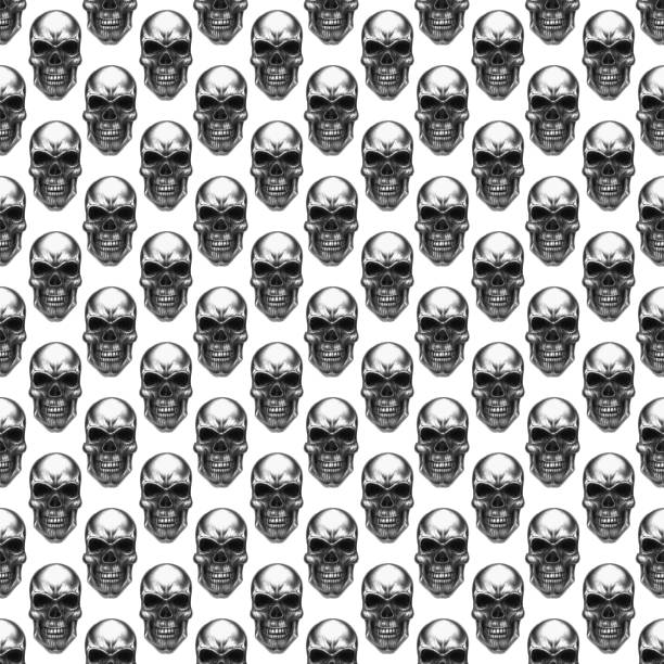 Pattern made of Hand drawn human skull on white background. Monochrome black vintage engraved drawing human skull