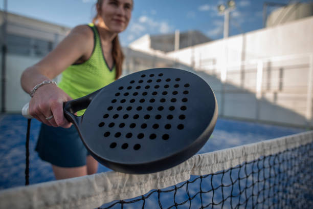 wide angle of paddle tennis player stock photo