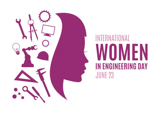 International Women in Engineering Day vector Woman face in profile purple silhouette vector on a white background. Female engineer design element. Engineering icon set vector. June 23. Important day engineer silhouettes stock illustrations