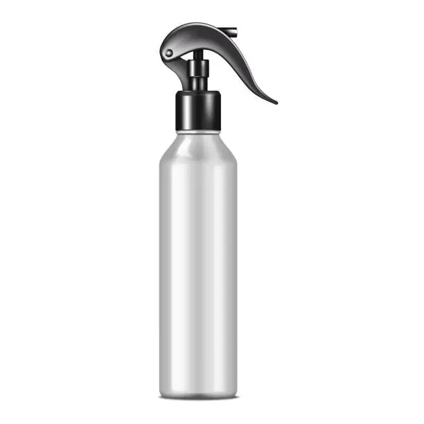 Vector illustration of Blank silver gray opaque spray bottle isolated realistic mockup. Cosmetic product white spraying container vector mock-up. Trigger pump sprayer with black cap template
