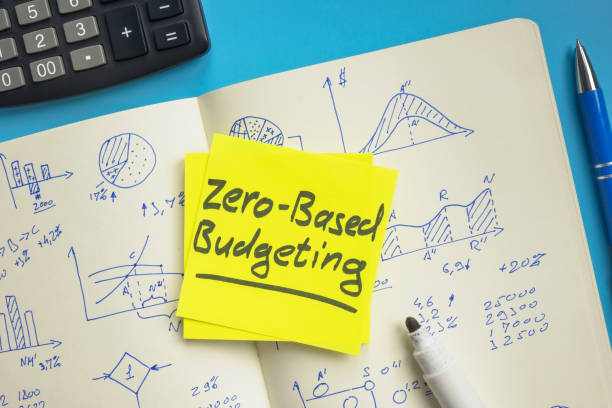 Sticker with words zero based budgeting on the open notepad. stock photo