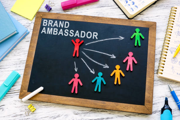 Brand ambassador concept. Board with figures and arrows. stock photo