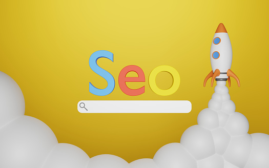 Seo search engine optimization with a browser and a rocket taking off. 3d rendering with mustard color background.
