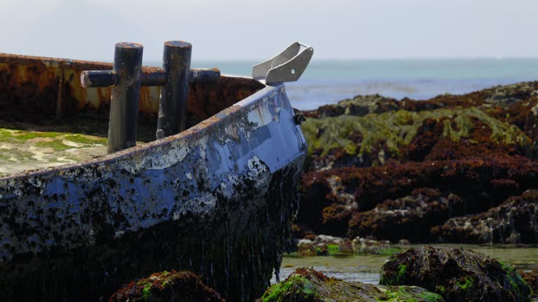 BOW OF A SHIPWRECKED FISHING VESSEL.  4K, NO PEOPLE.