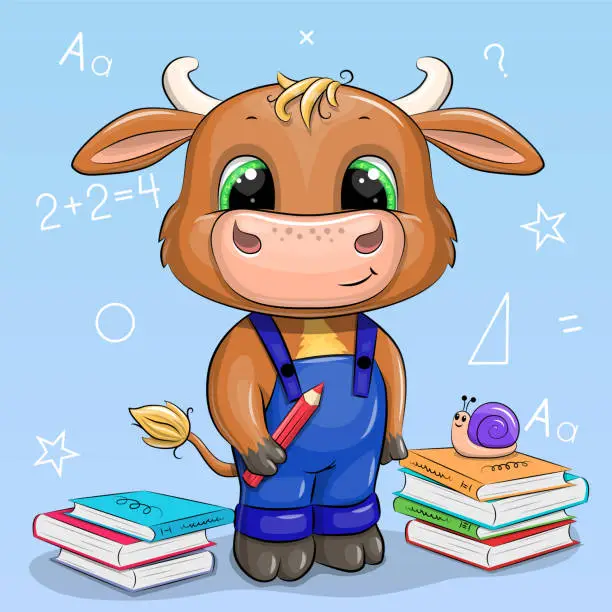 Vector illustration of Cute cartoon bull with books and pencils.