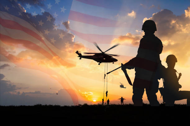 double exposure silhouette of soldier on the united states flag in sunset for veterans day is an official usa public holiday background,copy space. - armed forces imagens e fotografias de stock