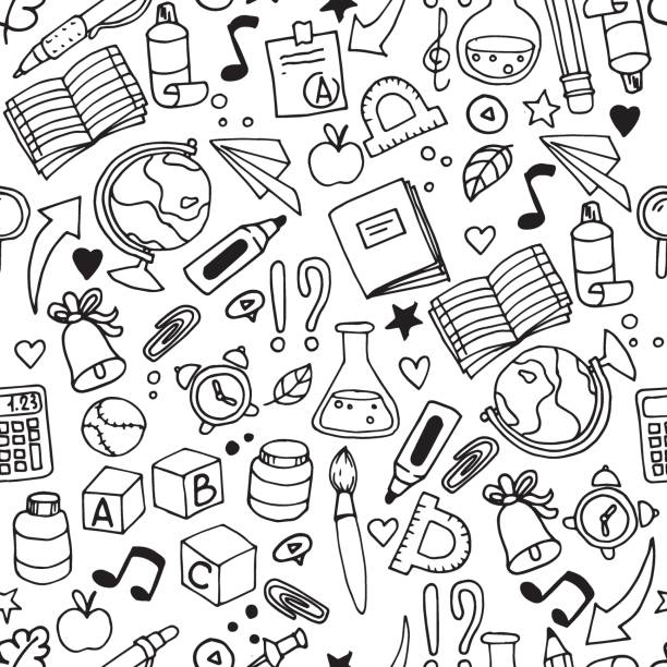 bildbanksillustrationer, clip art samt tecknat material och ikoner med vector seamless pattern on the theme back to school. doodle style drawing, cute simple illustrations, school, study. - school supplies