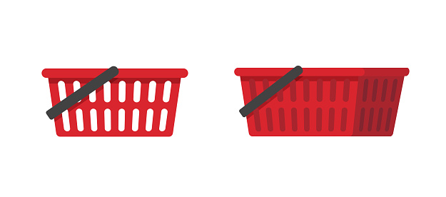 Shopping cart basket or shop bag icon 3d and flat vector red empty graphic image isolated on white object illustration