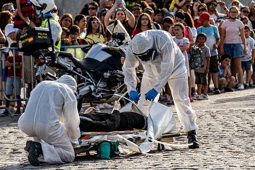 Army demonstration of evacuation and cleanup performance in a NBC scenario with chemical contaminants at the Puente del Rey bridge in Madrid river.