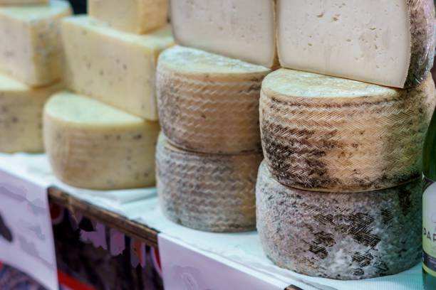 Variety of Spanish Manchego cheeses at a street market stall Variety of Spanish Manchego cheeses at a street market stall machego stock pictures, royalty-free photos & images