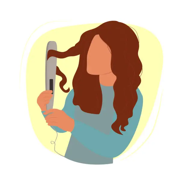 Vector illustration of Young girl with hair straightener makes her hair straight flat vector illustration