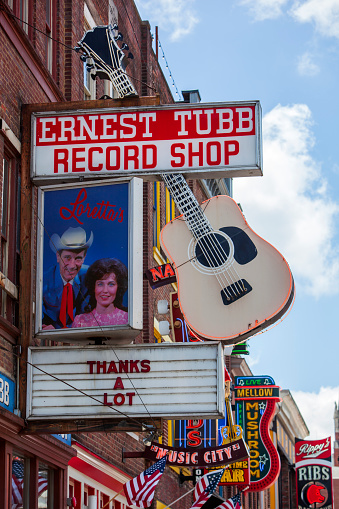 Ernest Tubb Record Shop sign on Broadway in Nashville, Tennessee on May 30th, 2022.\