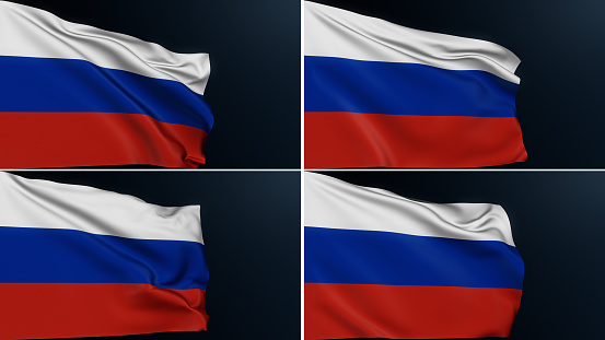 Russia flag. Russian Federation. Moscow sign. Collection of official national tricolor symbol. Realistic 3D illustration with cotton texture set of 4.