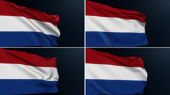 Netherlands flag. Amsterdam sign. European country. Collection of Dutch national tricolor symbol of King's Day celebration. Realistic 3D illustration with cotton texture set of 4.