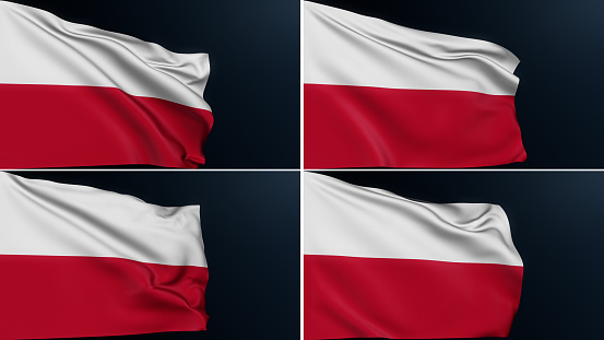 Poland flag. Warsaw sign. European country. Collection of Polish official patriotic national symbol of Independence Day celebration. Realistic 3D illustration with cotton texture set of 4.