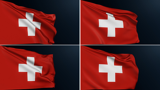Switzerland flag. Swiss cross. Bern sign. European country. Collection of official patriotic symbol of National Day celebration. Realistic 3D illustration with cotton texture set of 4.