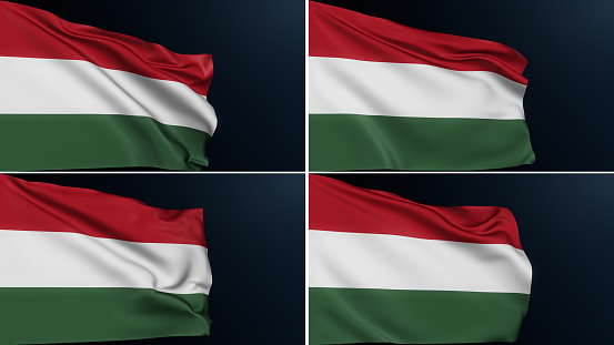 Hungary flag. Budapest sign. European country. Collection of Hungarian national tricolor symbol of Independence Day celebration. Realistic 3D illustration with cotton texture set of 4.