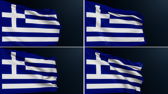 Greece flag. Athens sign. European country. Collection of Greek official national symbol of Independence Day celebration. Realistic 3D illustration with cotton texture set of 4.
