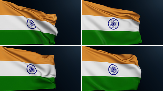 India flag. New Delhi sign. Asian country. Collection of Indian official national tricolor symbol of Independence Day celebration. Realistic 3D illustration with cotton texture set of 4.