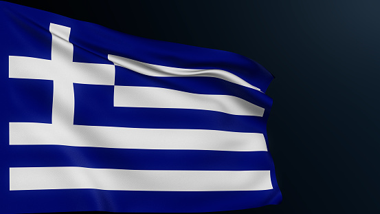 Greece flag. Athens sign. European country. Greek official national symbol of celebration of Independence Day, March 25. Realistic 3D illustration with cotton texture isolated on dark.