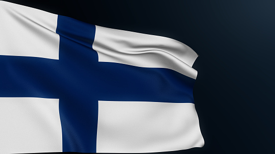 Finland flag. Helsinki sign. European country. Finnish official national symbol of celebration of Independence Day, 6 December. Realistic 3D illustration with cotton texture isolated on dark.