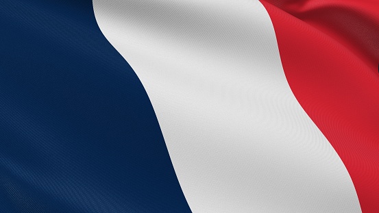 France flag. Paris sign. European country. French tricolor official patriotic national symbol of celebration of Bastille Day, July 14. Realistic 3D illustration with cotton texture.