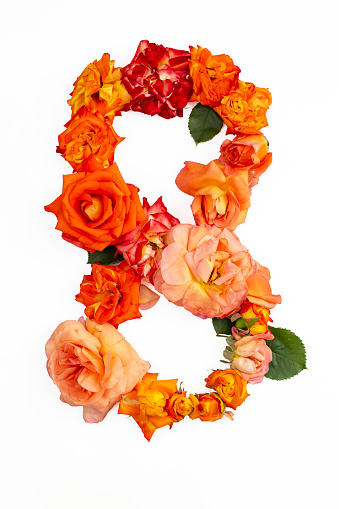 Number 8 made with real red orange roses, isolated on white background.