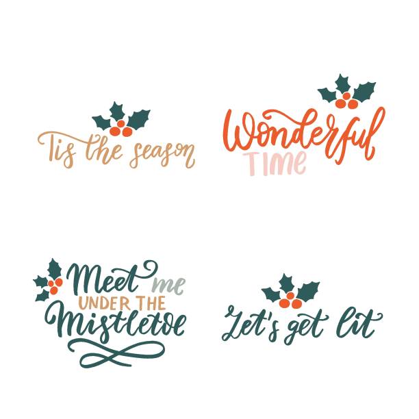 Tis the season. Lets get lit. Christmas and New Year romantic family wishes. Hand lettering holiday quote. Modern calligraphy. Greeting cards design elements phrase Tis the season. Lets get lit. Christmas and New Year romantic family wishes. Hand lettering holiday quote. Modern calligraphy. Greeting cards design elements phrase family word art stock illustrations